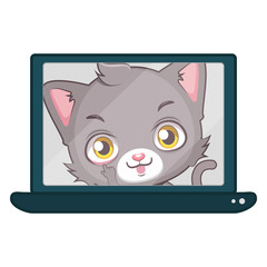 Cute gray cat character making faces on a laptop screen