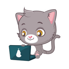 Cute gray cat character looking at a laptop