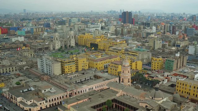 Lima Peru Aerial v37 Flying over government historical district panning down over main square.