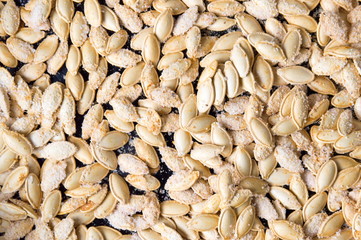 Baked pumpkin seeds covered with salt