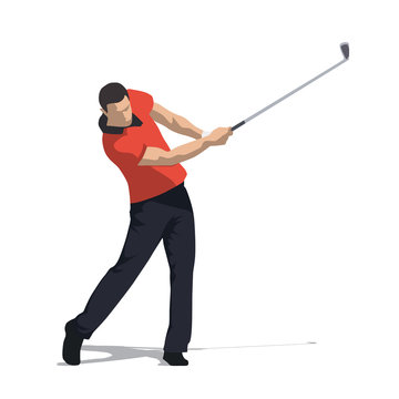 Golf swing front view, abstract vector illustration. Golfer in orange shirt and dark trousers