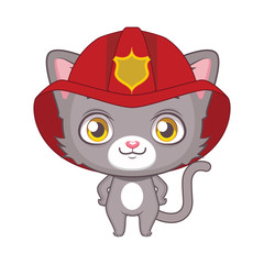 Cute gray cat character wearing a firefighter helmet