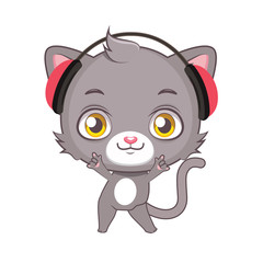 Cute gray cat character with headphones
