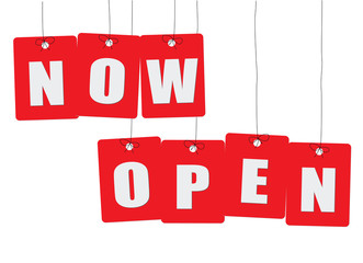 Cardboard hanging - vector colorful. Tags - now open.