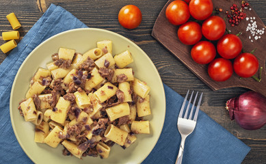 Macaroni with stewed meat.  Pasta Russian Navy Style. Top view