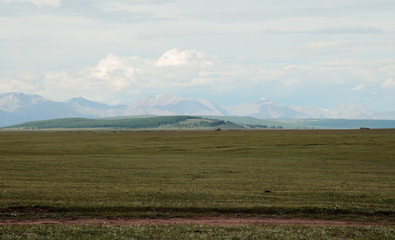 Highway and the Mongolian steppe on a background of mountains of the Eastern Sayan The surrounding steppe near the village of Turt at the Northern border of the country with a mountain range in the ba