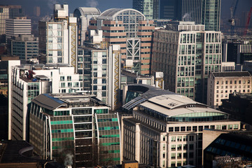 rooftop view over London on a foggy day from St Paul's cathedral, UK