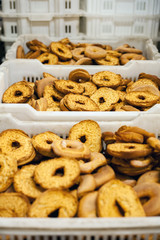 Boxes with frisella in bakery