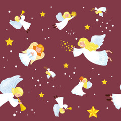 christmas holiday flying angel in the sky with wings and golden trumpet like symbol Christian religion or new year little cute girl on the moon jingle bells stars vector illustration.