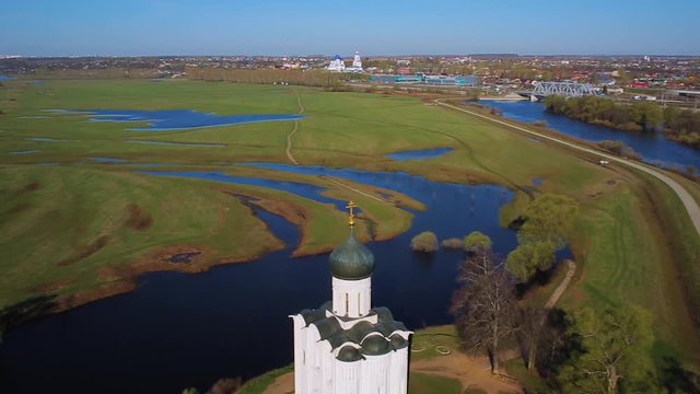 Top view Church of the intercession on the Nerl and Bogolyubovo meadow, Russia