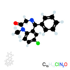 Diazepam (valium) model molecule. Isolated on white background. Vector illustration.