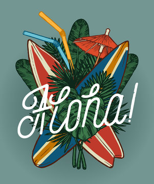 aloha surfboards, palm leaves and tropical cocktail vacation label print