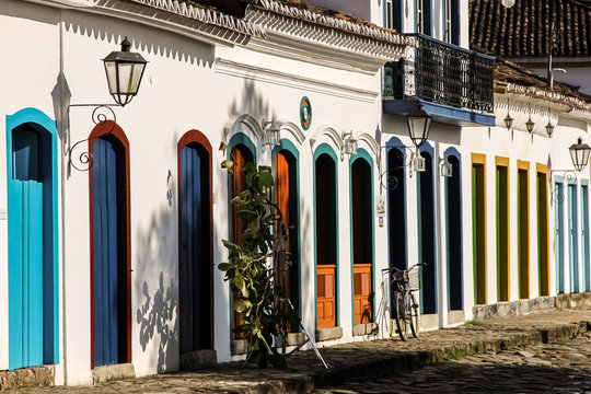 Typical facades with colorful doors in historic town Paraty, Brazil