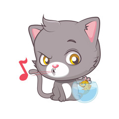Cute gray cat character being prepared to catch the fish ( use for stickers, fun scenes, decoration etc. )