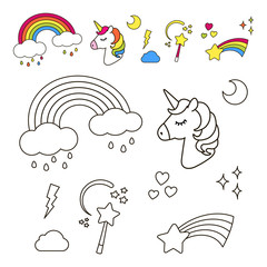 Stickers set with unicorn, rainbow, star, cloud, magic wand  for girls. Cool decoration elements. Vector comic cartoon 80s-90s style. Line art design for anti stress coloring book