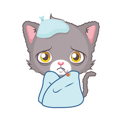 Cute gray cat character feeling sick ( use for stickers, fun scenes, decoration etc. )
