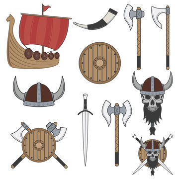 Set of color viking elements isolated on white background