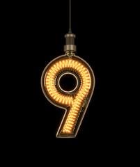 Number 9, Alphabet  made of light bulb. 3D illustration