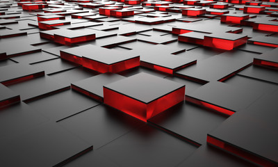 Black cubes with red glass core 3D rendering abstract floor background.