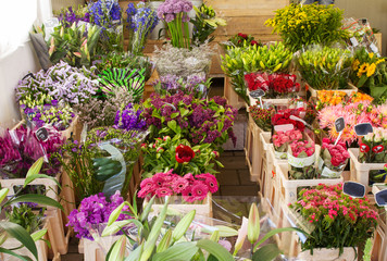A flower shop, seen in Amsterdam, Netherlands. Beautiful colorful flowers outdoor