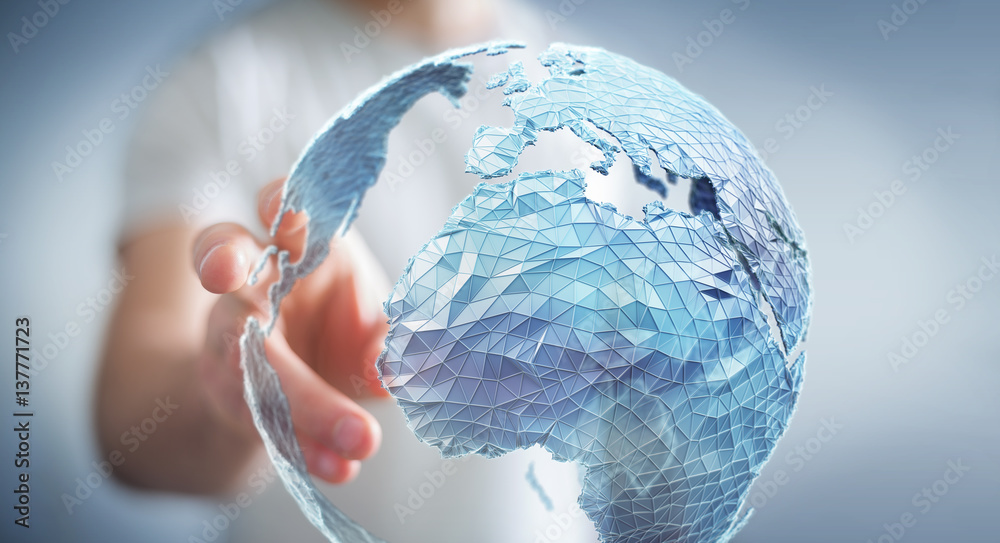 Poster businessman touching global network on planet earth 3d rendering