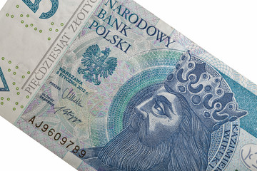 Polish money bill fifty zloty macro isolated on white