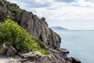 Obraz premium Rocky landscape of Crimea Novy Svet coast. Stone head on rock