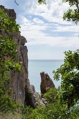 Rocky landscape of Crimea Novy Svet coast. Stone head on rock