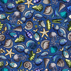 Naklejka premium Cartoon under water life seamless pattern