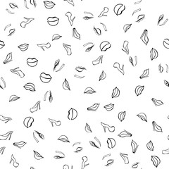 Fototapeta premium Seamless pattern make up and fashion, glamour contrasty in vogue style. Female fashion black and white sketch vector . Hand graphic drawn women s shoes and lips and eyes.