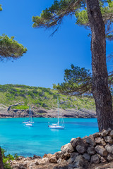 Fototapeta na wymiar Beautiful Menorca island cove with yachts floating on turquoise water