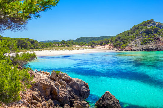 Platja des Bot beach in summer sunny day at Menorca Island, Balearic Islands, Spain.