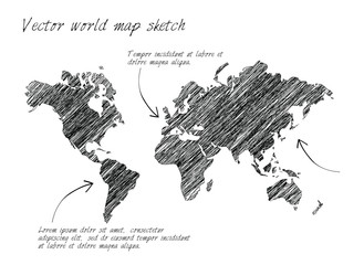 Vector world map sketch on white background.