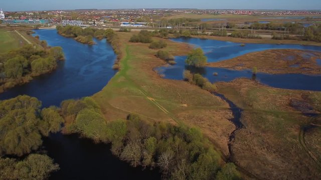 spring flood of the river Nerl in Bogolyubovo, aerial shot