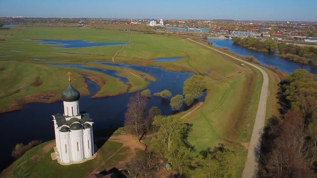 Flight over Church of the intercession on the river Nerl in Bogolyubovo