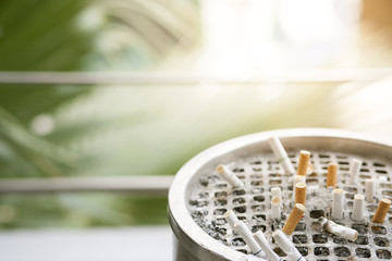 discarded cigarettes on ashtray with nature copy space background