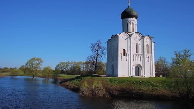 aerial view Church intercession on Nerl in Bogolyubovo in spring sunny day