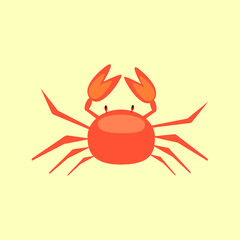 Cute cartoon crab isolated on yellow background. Red crab in flat style