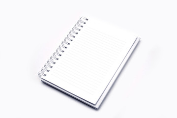 Open blank paper leather notebook on white background.