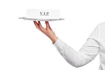VIP customer service in a restaurant, the announcement on the tray waiter