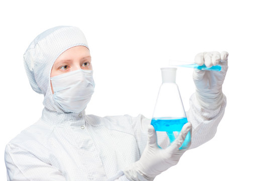 a young technician with flask and test tube on a white background