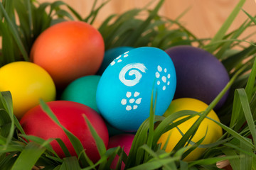 holiday Easter eggs in basket with grass close-up