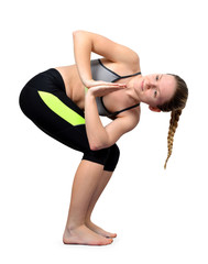 Young woman doing yoga isolated on white background.