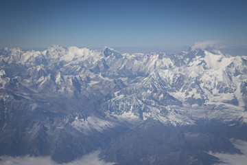 Naklejka premium Panoramic view of Himalaya Mountains from the air; view from the plane from Katmandu to Bhutan
