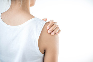 Woman with pain in shoulder. Pain in the human body,health care concept.