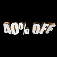 40 percent off letters on black background. 3d render isolated.