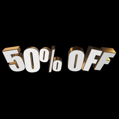 50 percent off letters on black background. 3d render isolated.