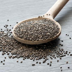 Black chiaseeds on a wooden spoon