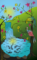 Print иллюстрация природа, водопад и пруд с рыбами, на цветущих деревьях сидят две птицы © yakendlev