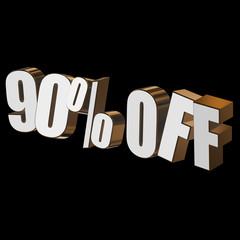90 percent off letters on black background. 3d render isolated.